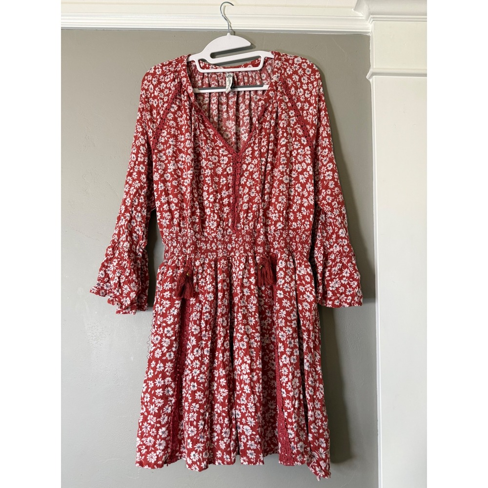 American Rag Red Floral Smocked Mini Dress Bell Sleeve Boho Lace Trim Large
